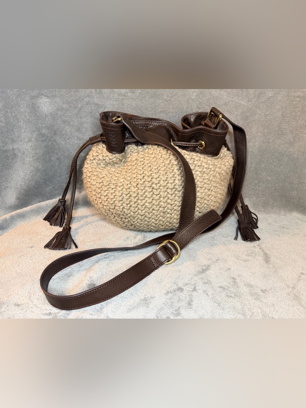 UGG Cable Knit Lambswool and Yak Drawstring Hobo w/ Brown Leather Trim - Picture 3 of 12